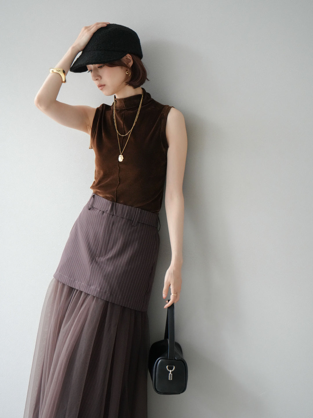 [SET]シアーベロアプチネックノースリーブトップス+選べるアクセセット(2set)