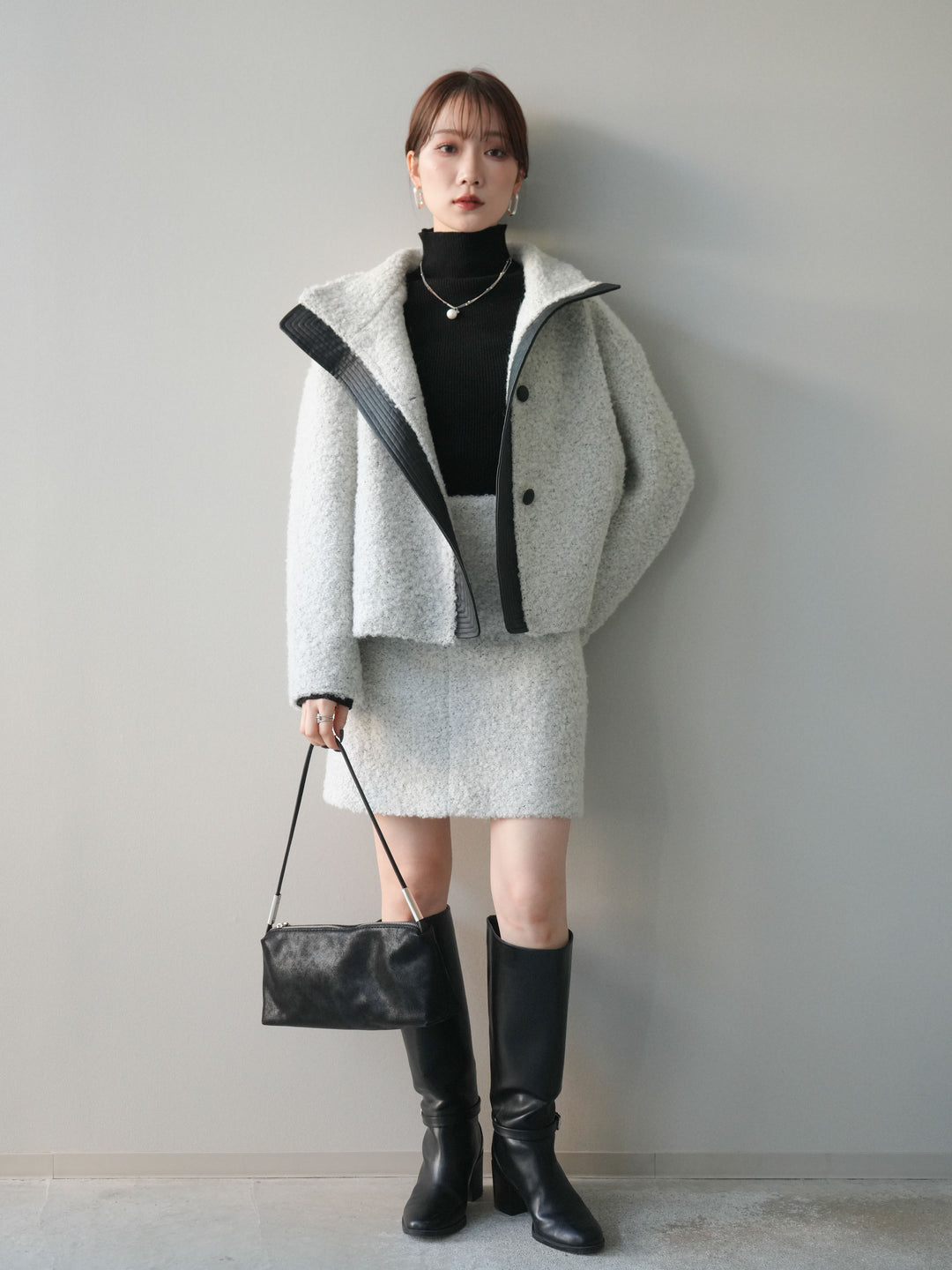 [SET]レザー切替ブークレブルゾン+袖ボタンボトルネックリブニットトップス+ブークレミニスカート(3set)