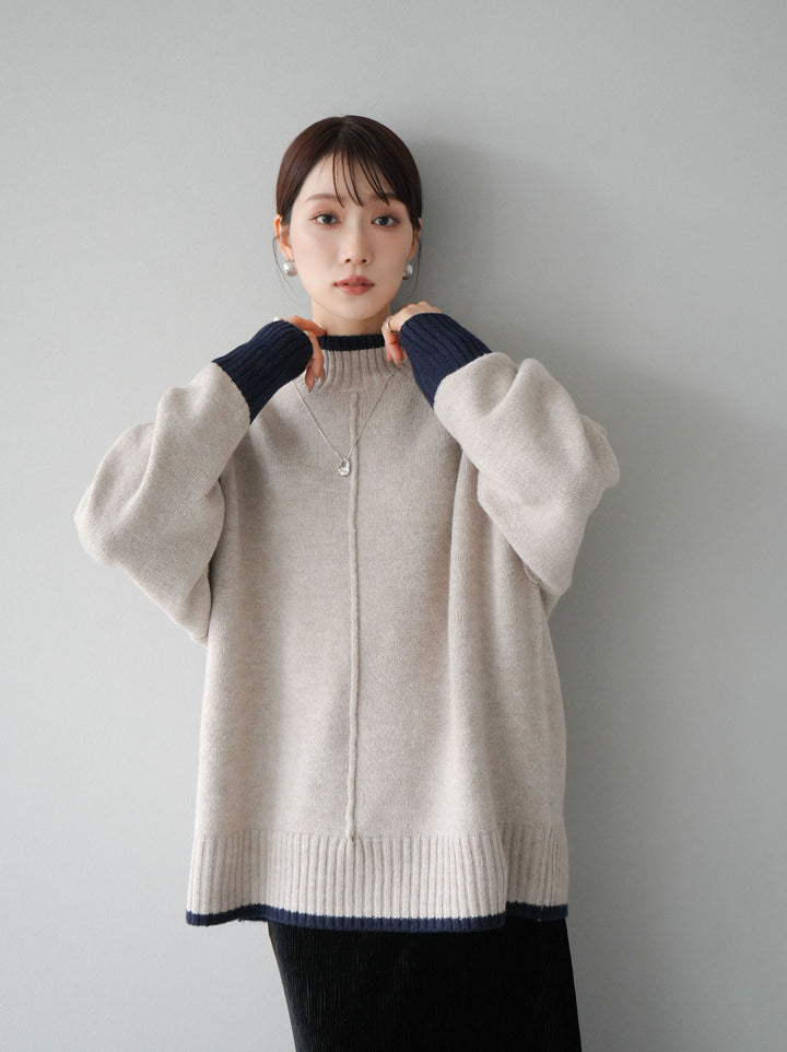 [予約]配色ハイネックニットプルオーバー/ベージュ