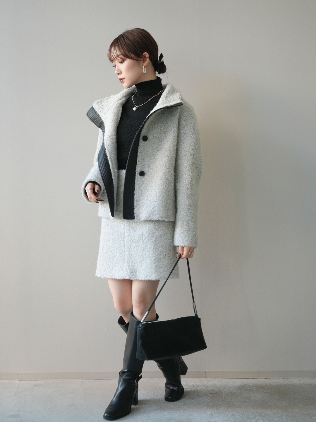 [SET]レザー切替ブークレブルゾン+ブークレミニスカート(2set)