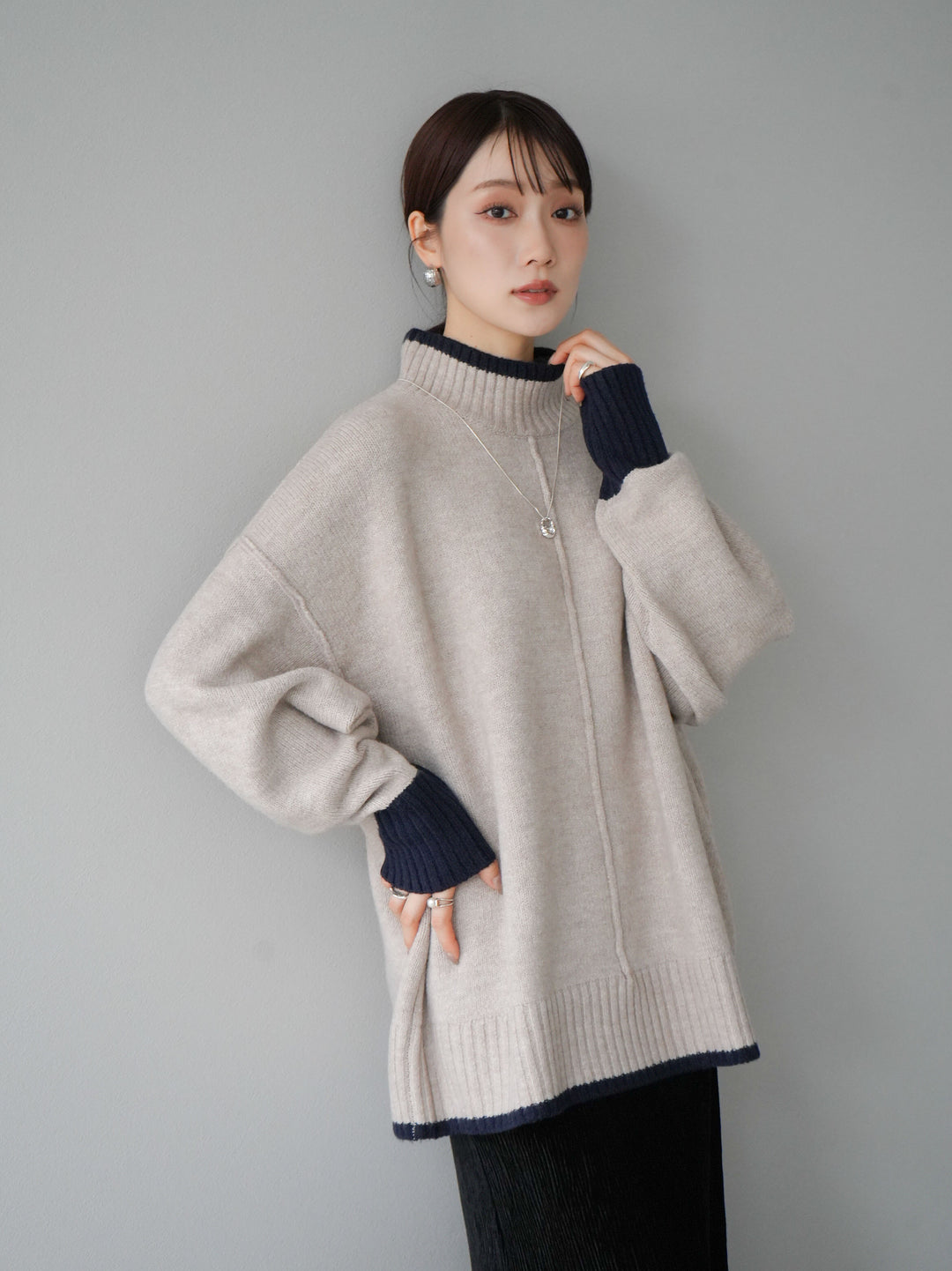 [予約]配色ハイネックニットプルオーバー/ベージュ