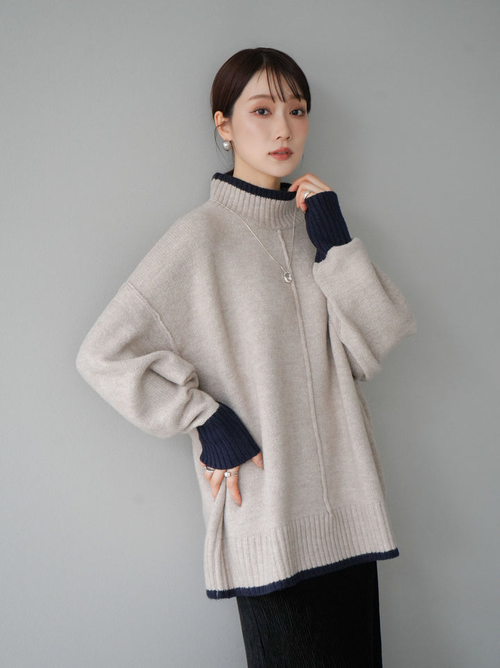 [予約]配色ハイネックニットプルオーバー/ベージュ