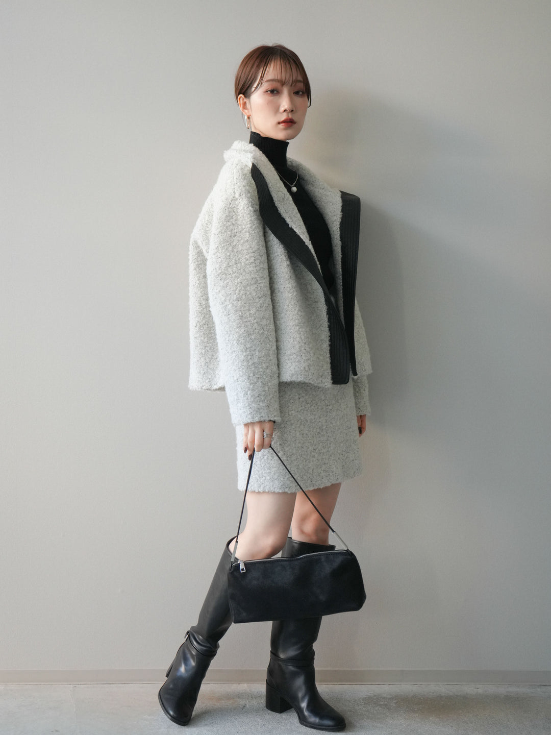 [SET]レザー切替ブークレブルゾン+ブークレミニスカート(2set)