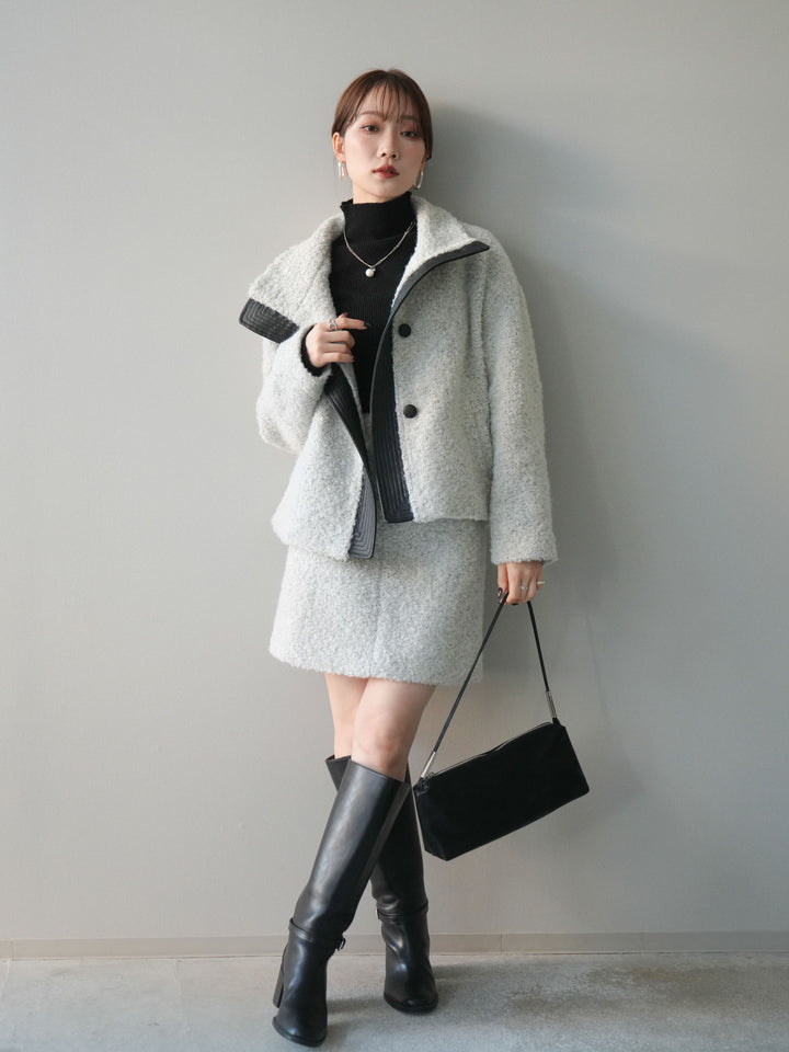 [SET]レザー切替ブークレブルゾン+袖ボタンボトルネックリブニットトップス+ブークレミニスカート(3set)