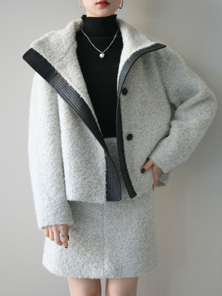 [SET]レザー切替ブークレブルゾン+袖ボタンボトルネックリブニットトップス(2set)