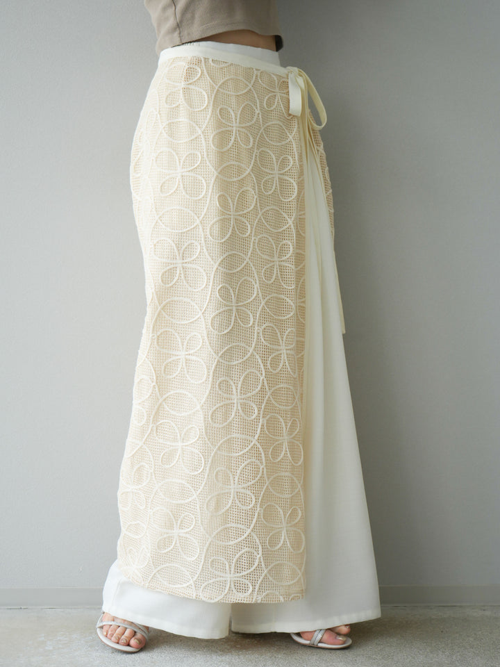 [予約]メッシュコード刺繍ラップスカート/アイボリー