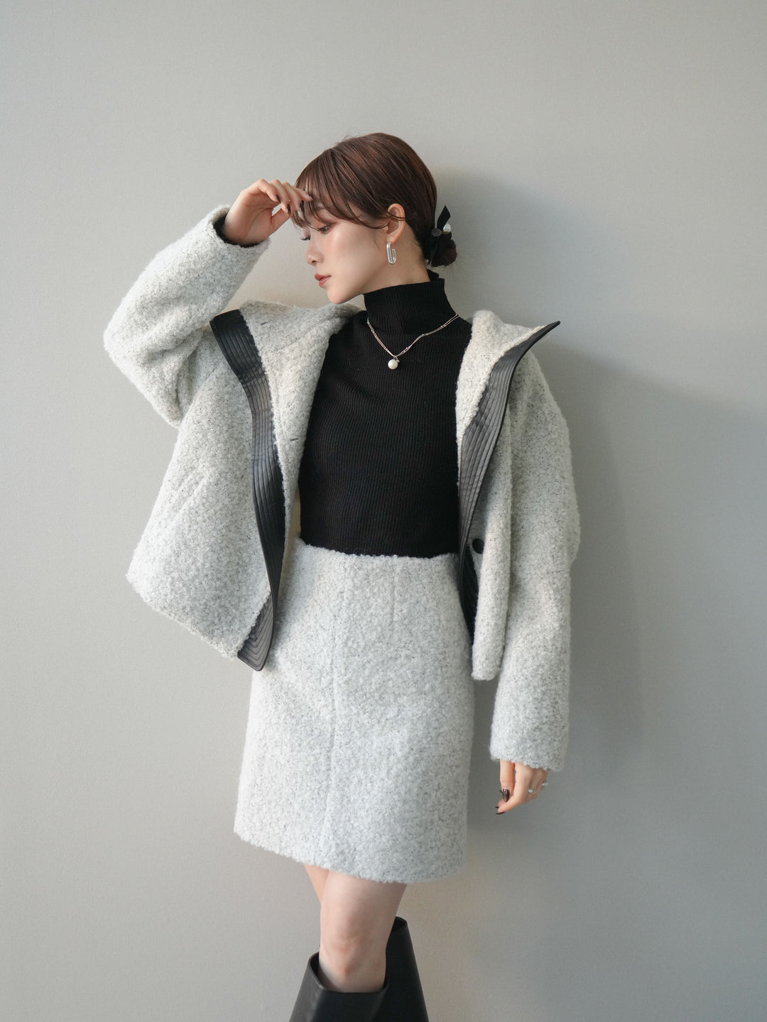 [SET]レザー切替ブークレブルゾン+ブークレミニスカート(2set)