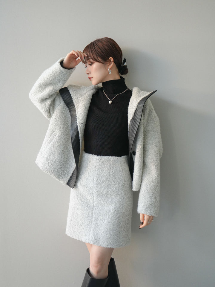 [SET]レザー切替ブークレブルゾン+袖ボタンボトルネックリブニットトップス(2set)