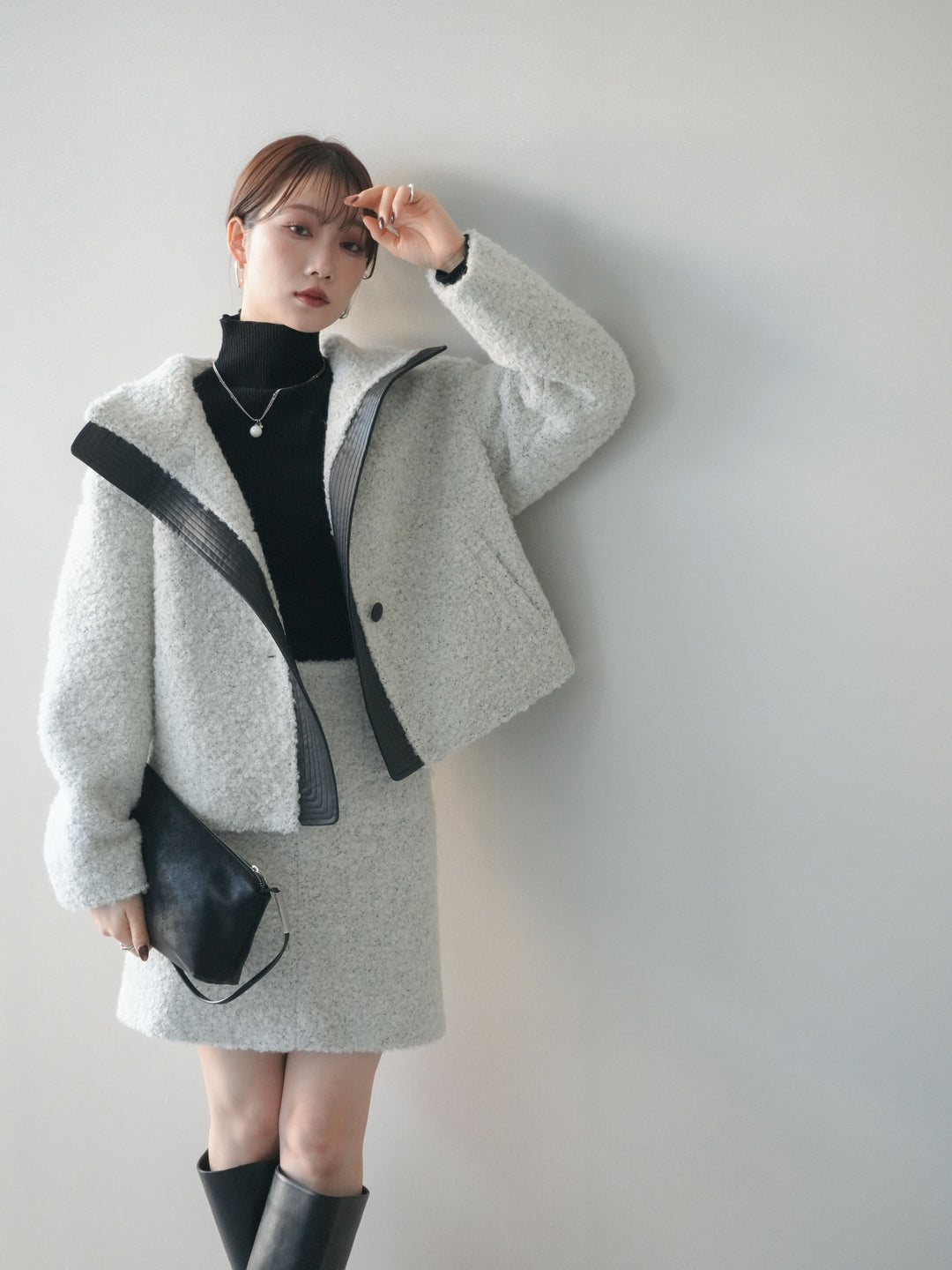 [SET]レザー切替ブークレブルゾン+袖ボタンボトルネックリブニットトップス(2set)