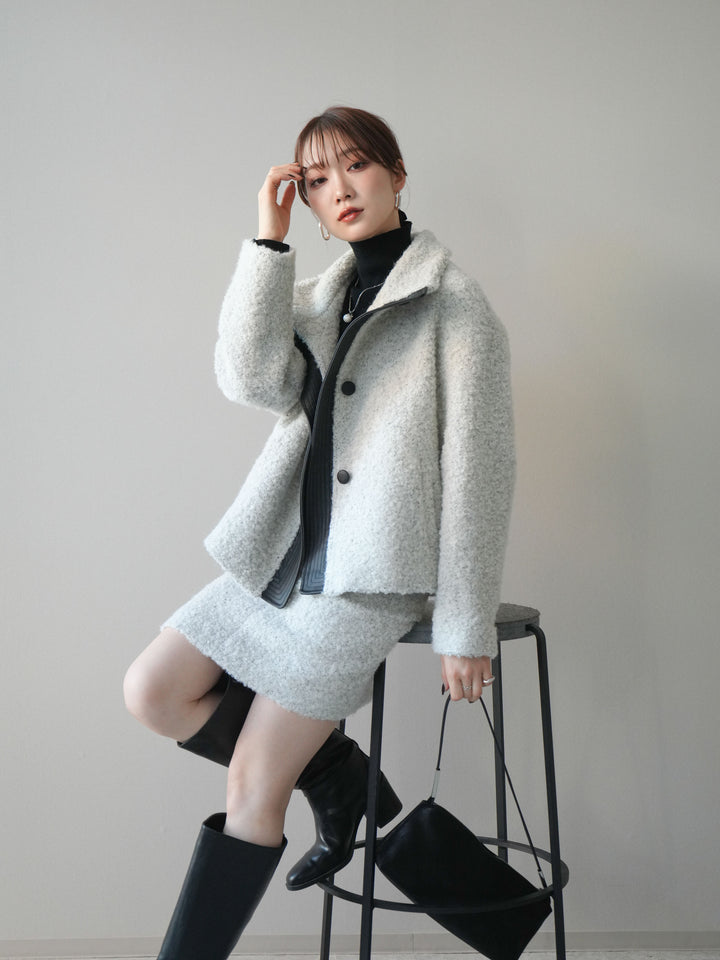 [SET]レザー切替ブークレブルゾン+袖ボタンボトルネックリブニットトップス(2set)