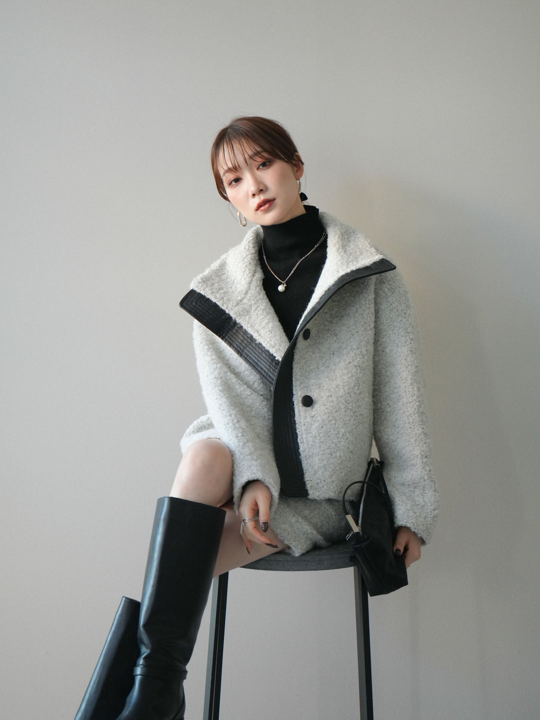 [SET]レザー切替ブークレブルゾン+袖ボタンボトルネックリブニットトップス(2set)