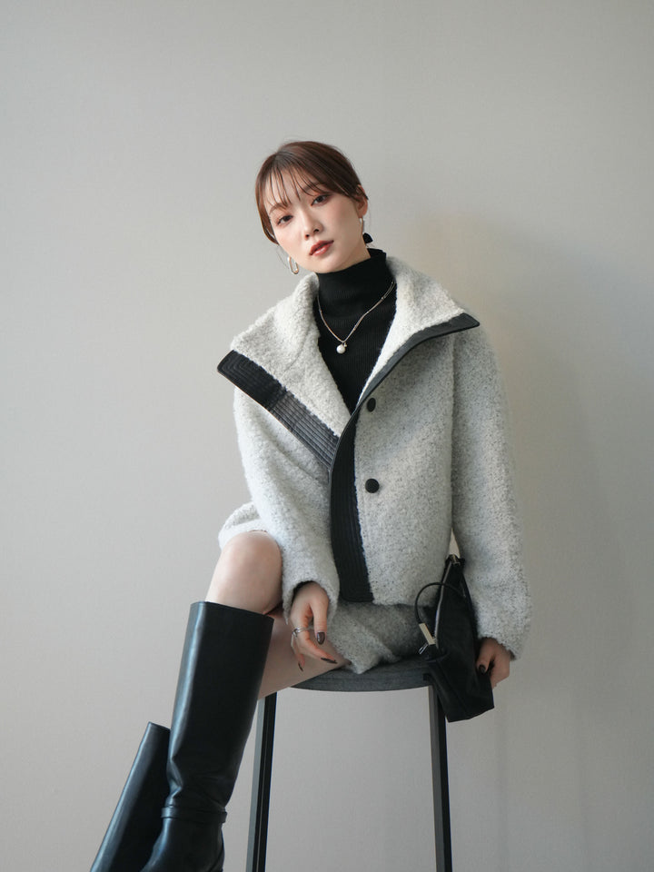 [SET]レザー切替ブークレブルゾン+袖ボタンボトルネックリブニットトップス(2set)