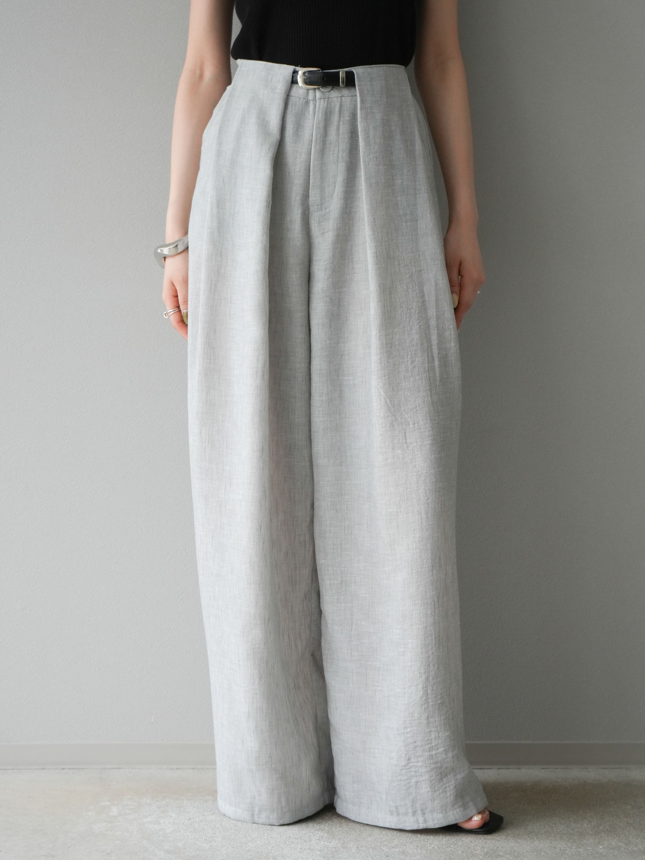 予約]リネンライクベルト付タックループワイドパンツ/ライトグレー