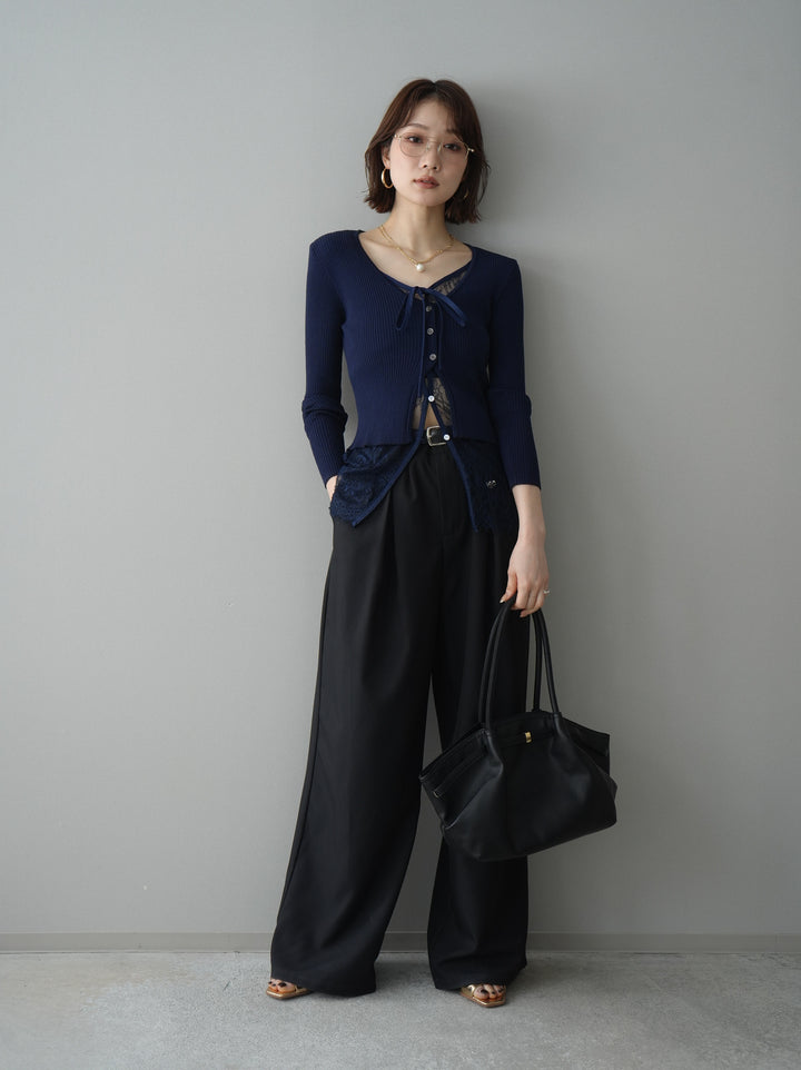 [予約]フロントリボン裾レースリブニットトップス/navy