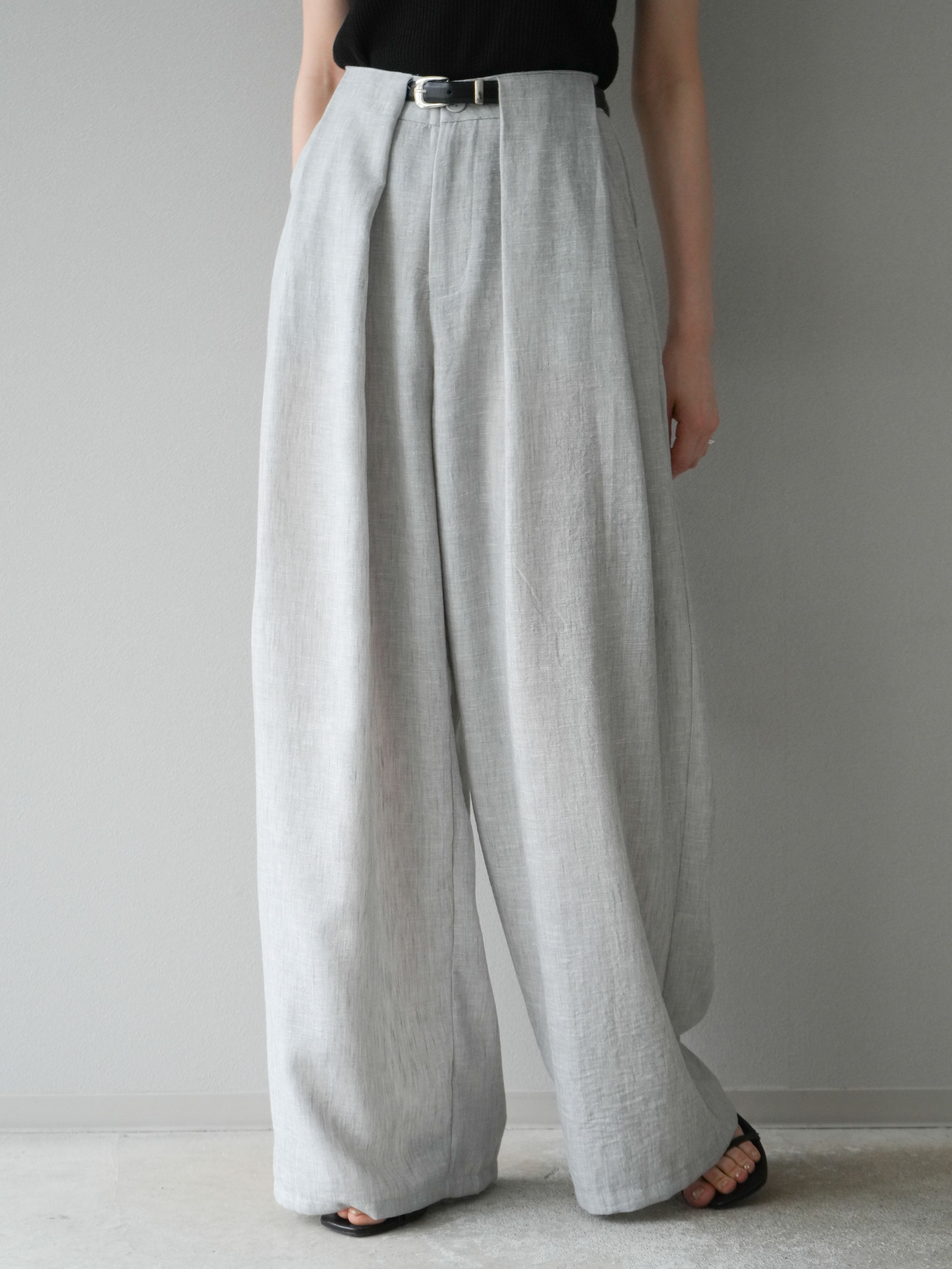予約]リネンライクベルト付タックループワイドパンツ/ライトグレー