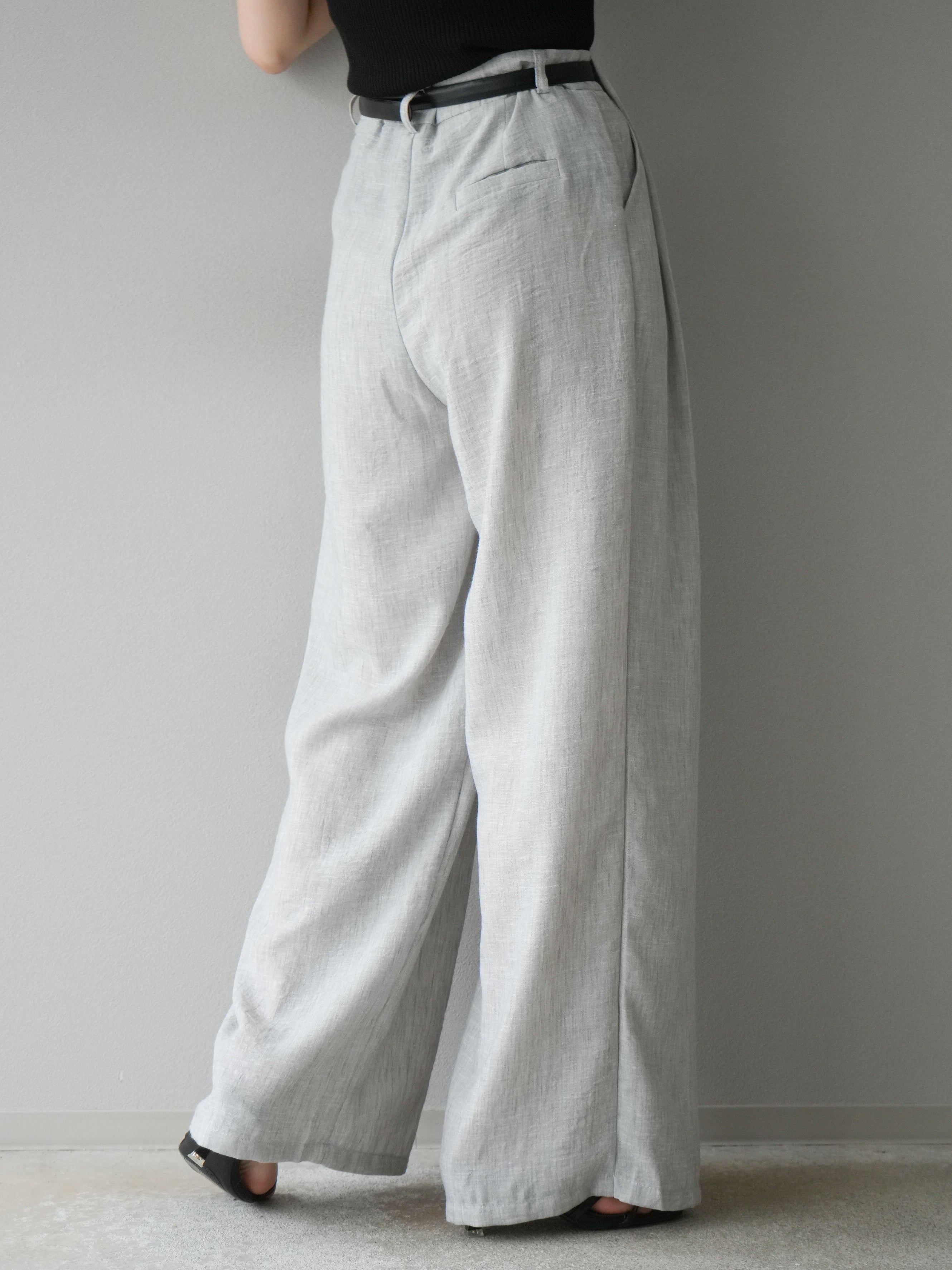 予約]リネンライクベルト付タックループワイドパンツ/ライト