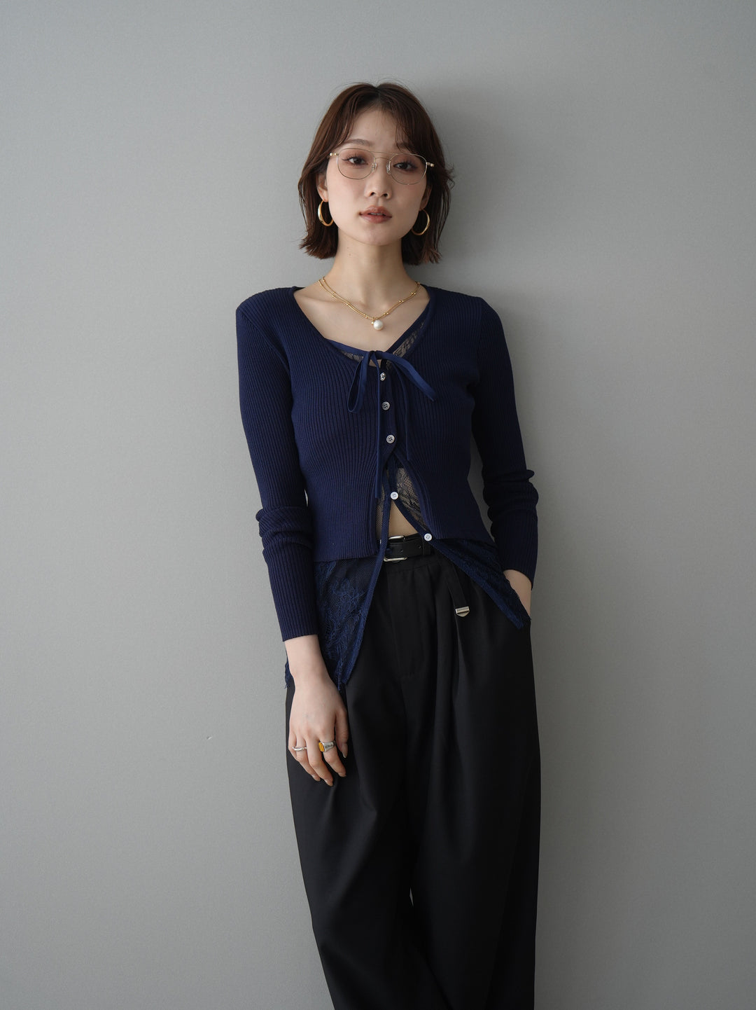 [予約]フロントリボン裾レースリブニットトップス/navy