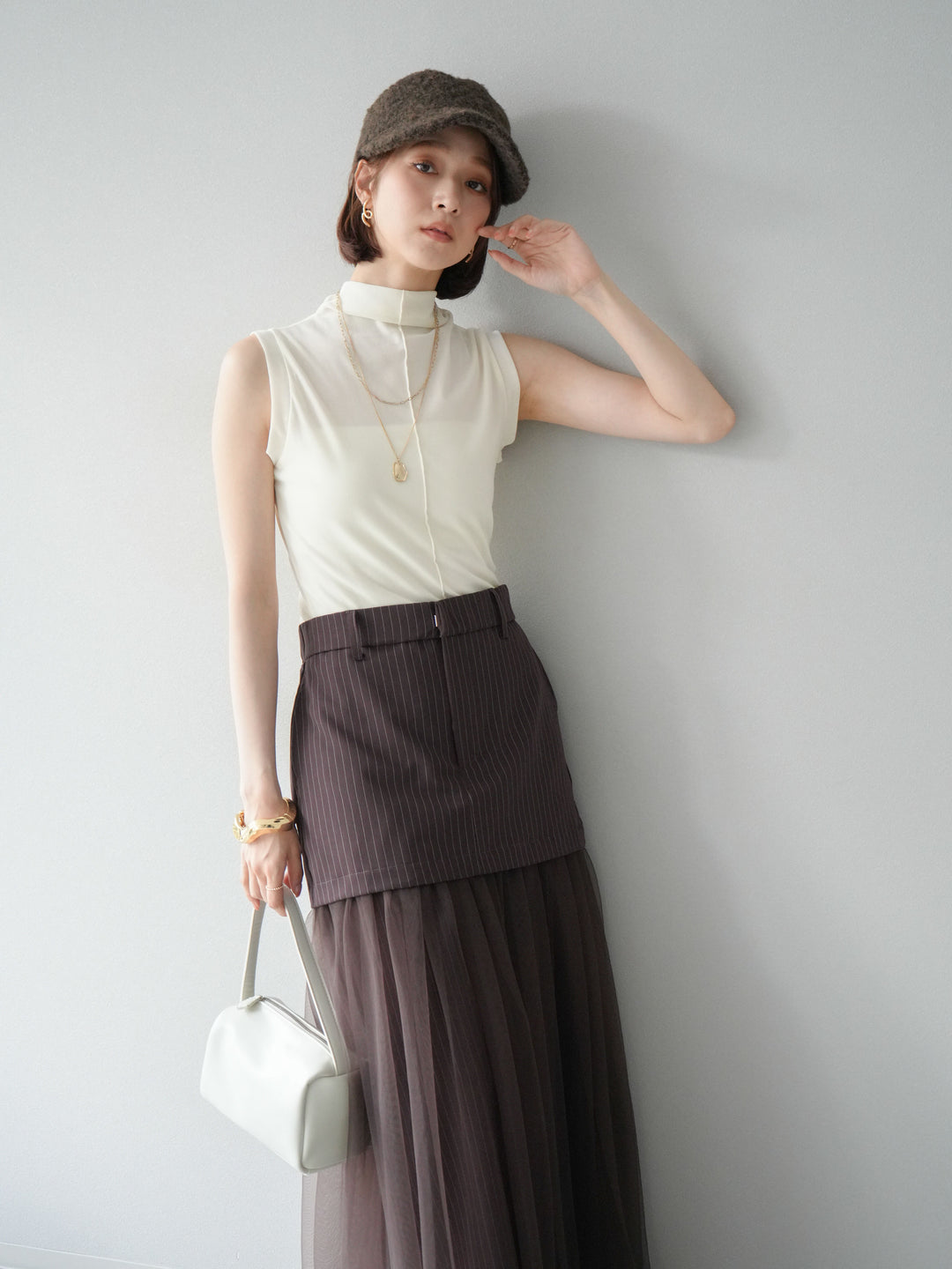 [SET]シアーベロアプチネックノースリーブトップス+選べるアクセセット(2set)