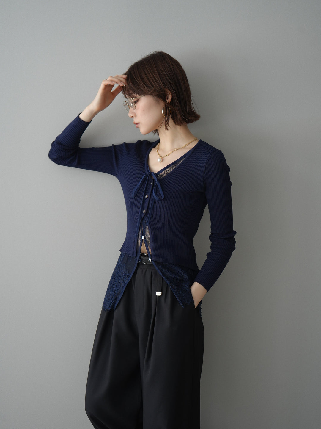 [予約]フロントリボン裾レースリブニットトップス/navy