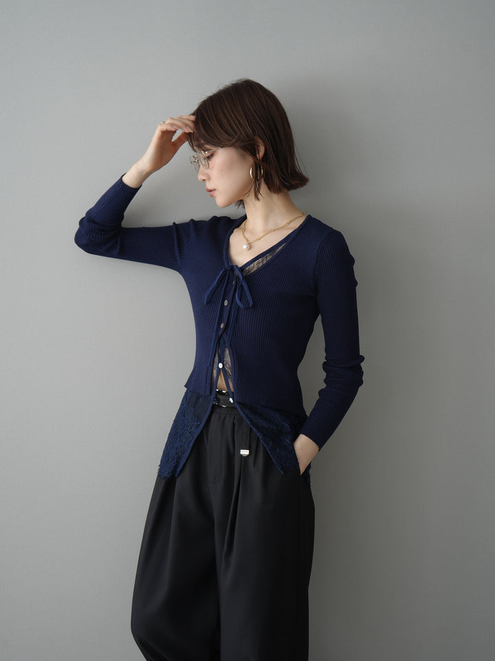 [予約]フロントリボン裾レースリブニットトップス/navy