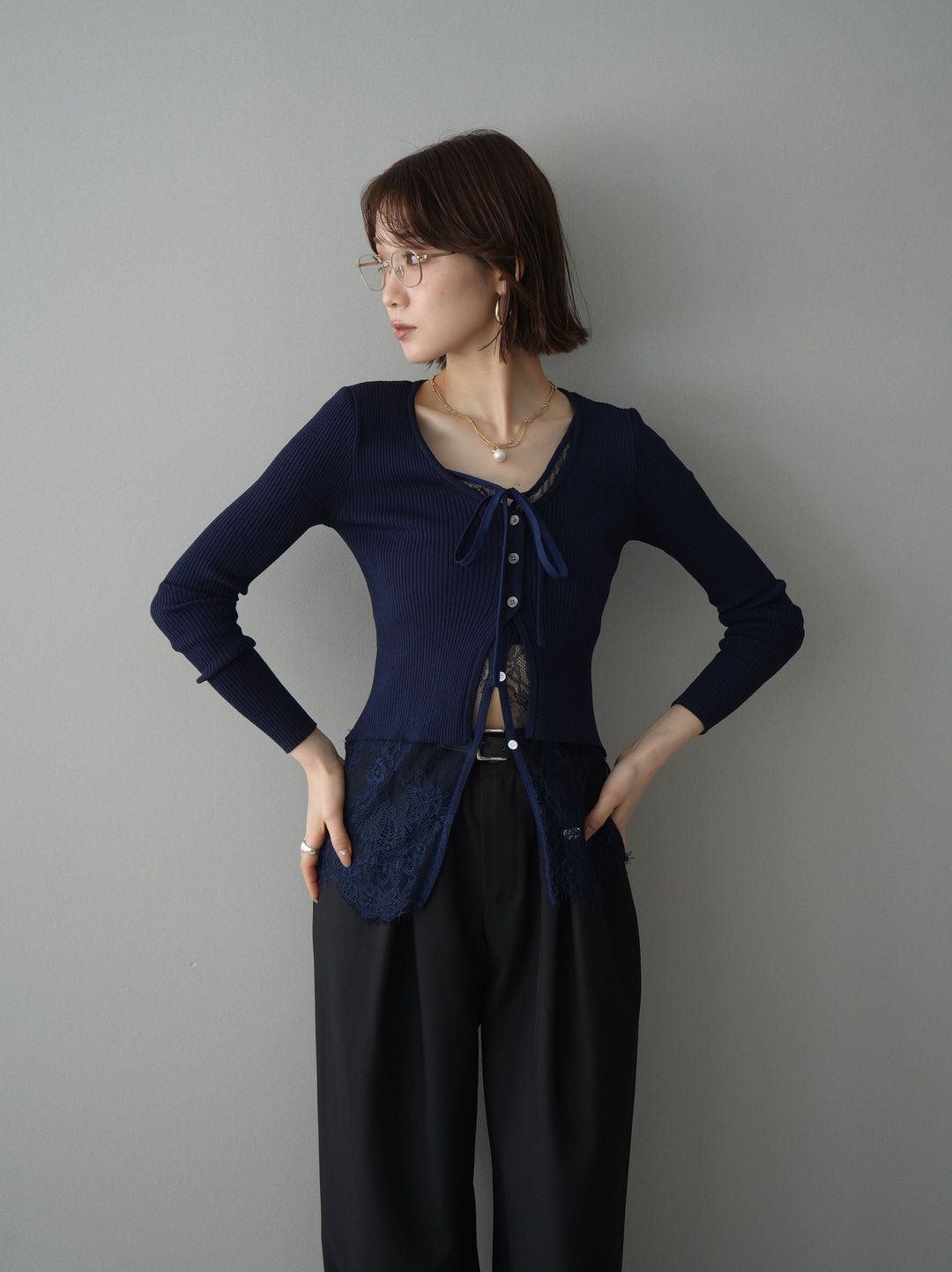 [予約]フロントリボン裾レースリブニットトップス/navy
