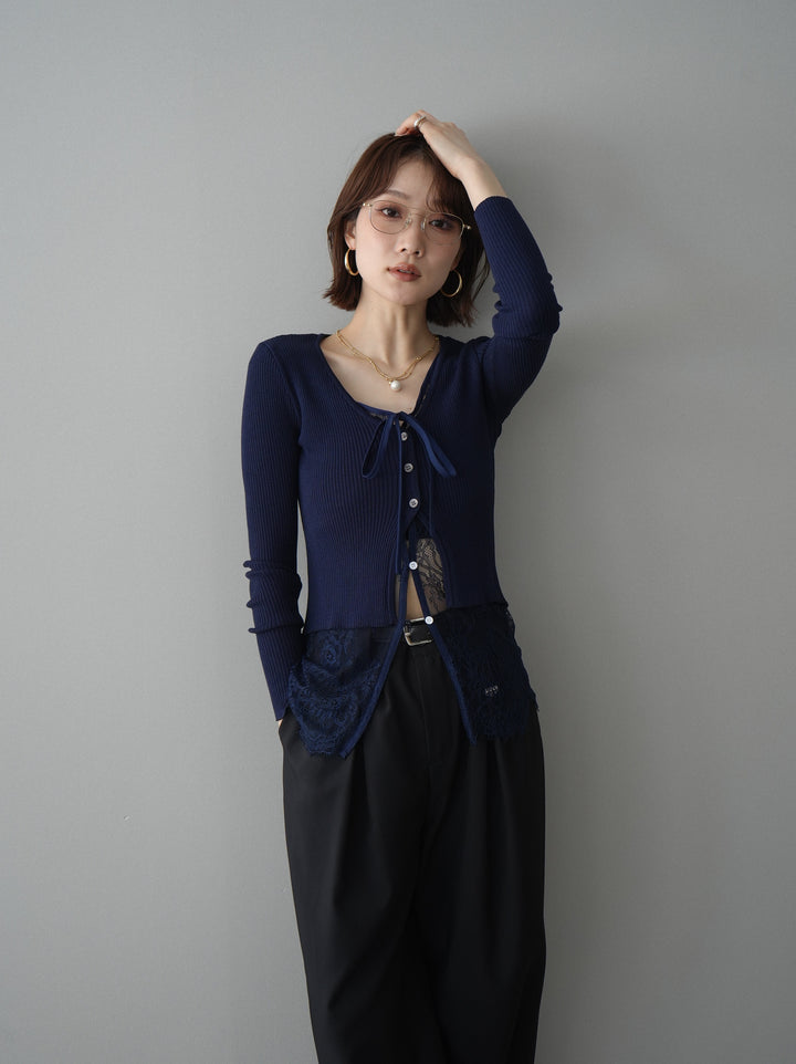 [予約]フロントリボン裾レースリブニットトップス/navy