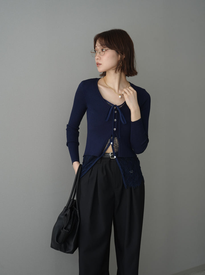 [予約]フロントリボン裾レースリブニットトップス/navy