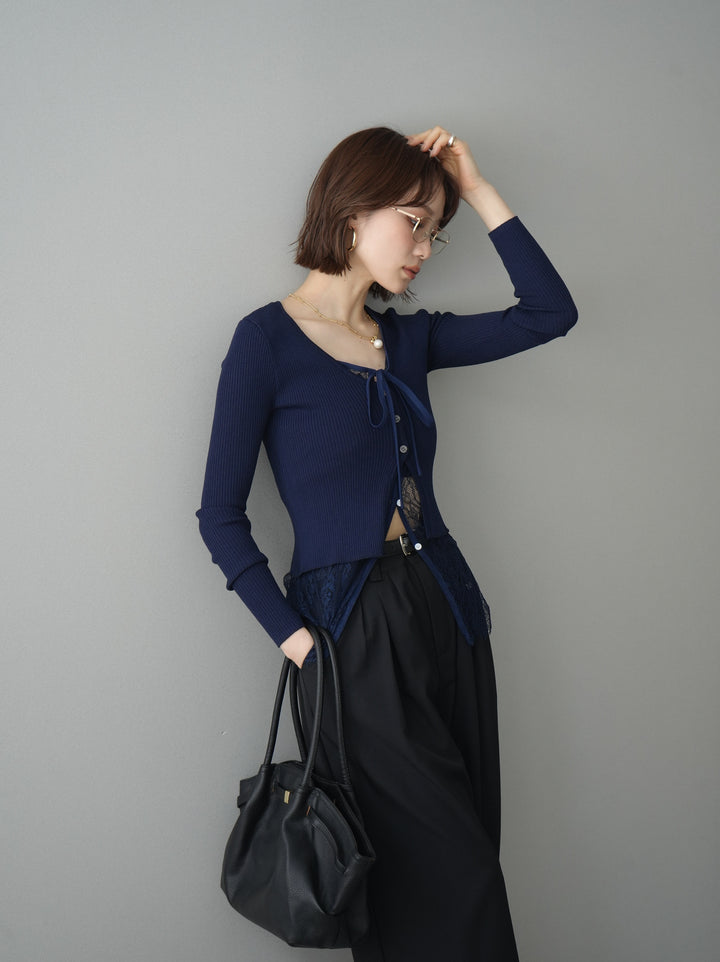 [予約]フロントリボン裾レースリブニットトップス/navy