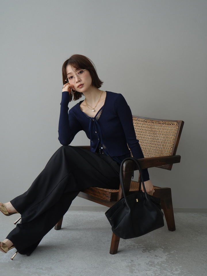 [予約]フロントリボン裾レースリブニットトップス/navy