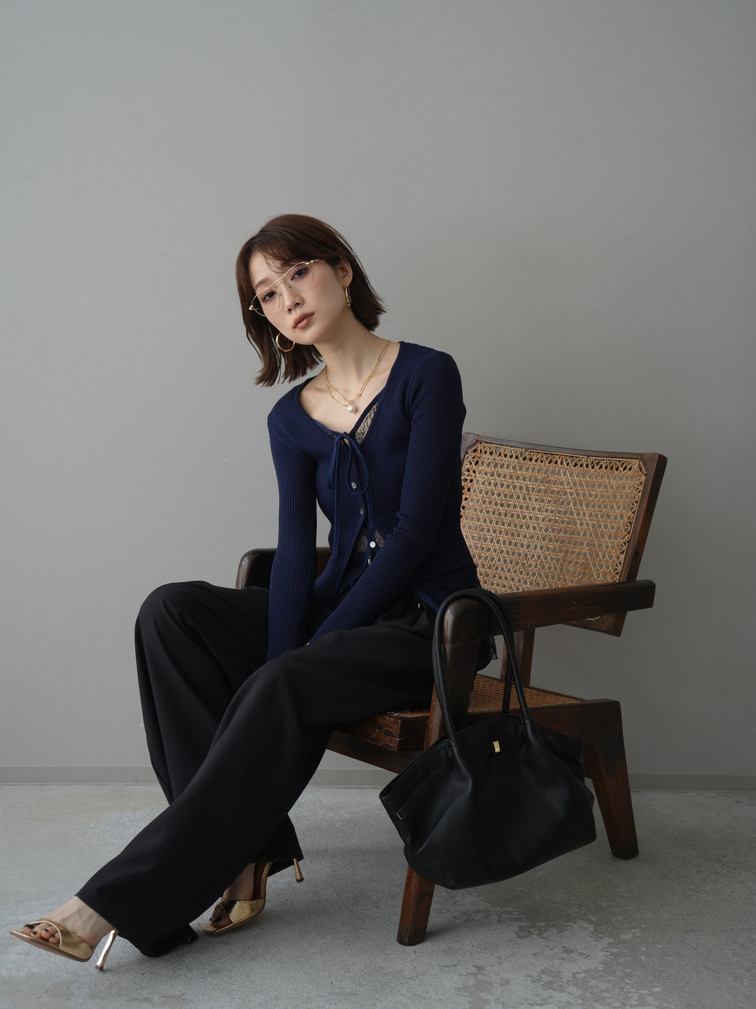 [予約]フロントリボン裾レースリブニットトップス/navy