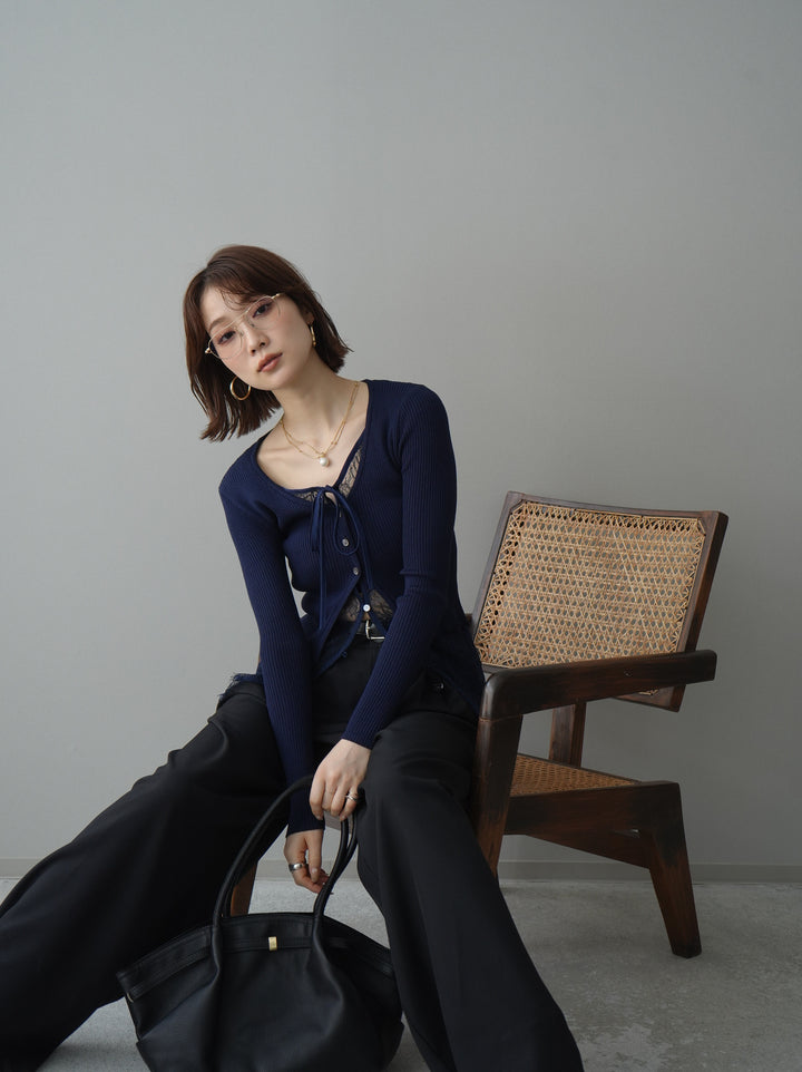 [予約]フロントリボン裾レースリブニットトップス/navy