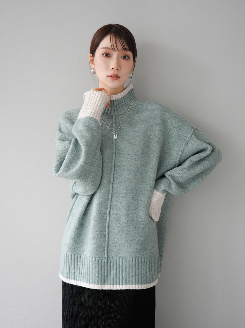 予約]配色ハイネックニットプルオーバー/ミント – Lumier 