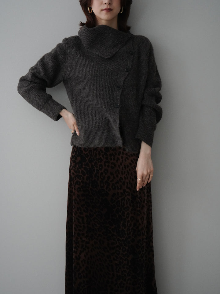 [SET]ハイネックデザインボタンニットカーディガン+レオパードベロアナロースカート(2set)