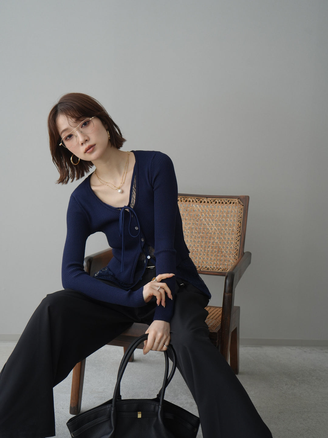 [予約]フロントリボン裾レースリブニットトップス/navy