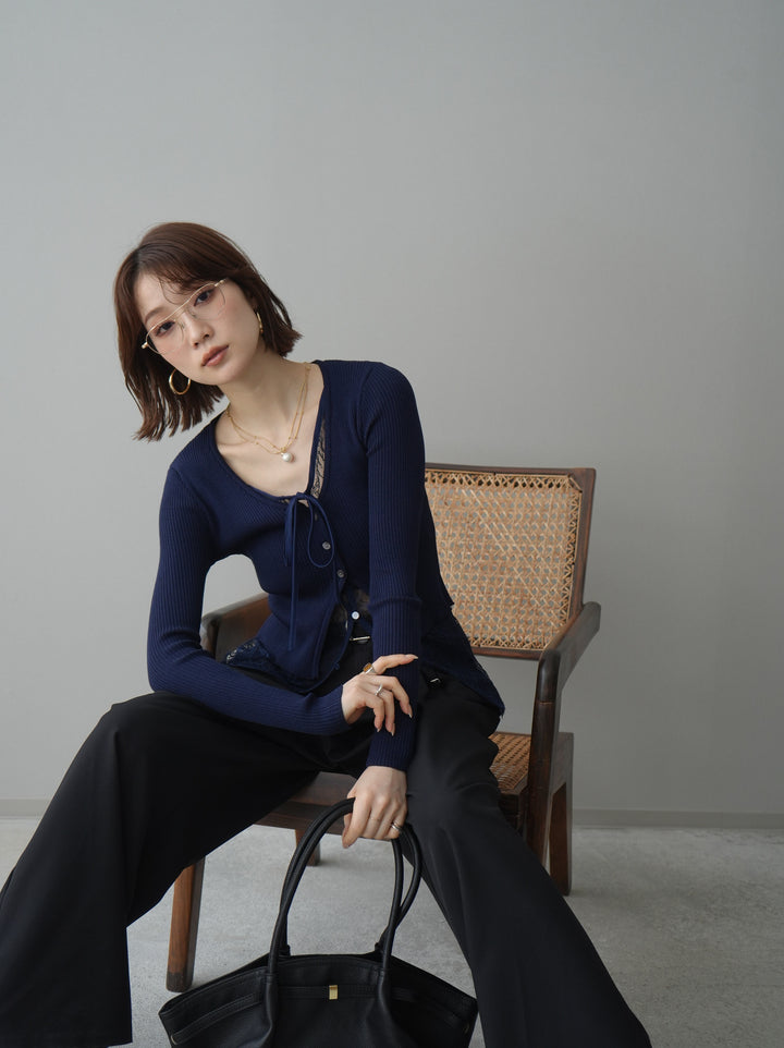 [予約]フロントリボン裾レースリブニットトップス/navy