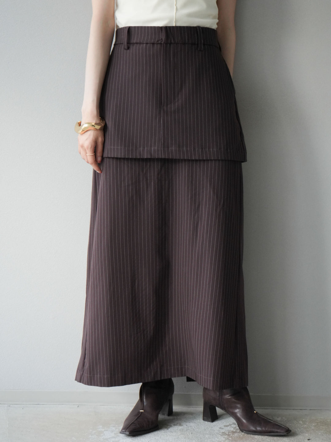 [予約]ストライプ切替チュールスカート/ブラウン