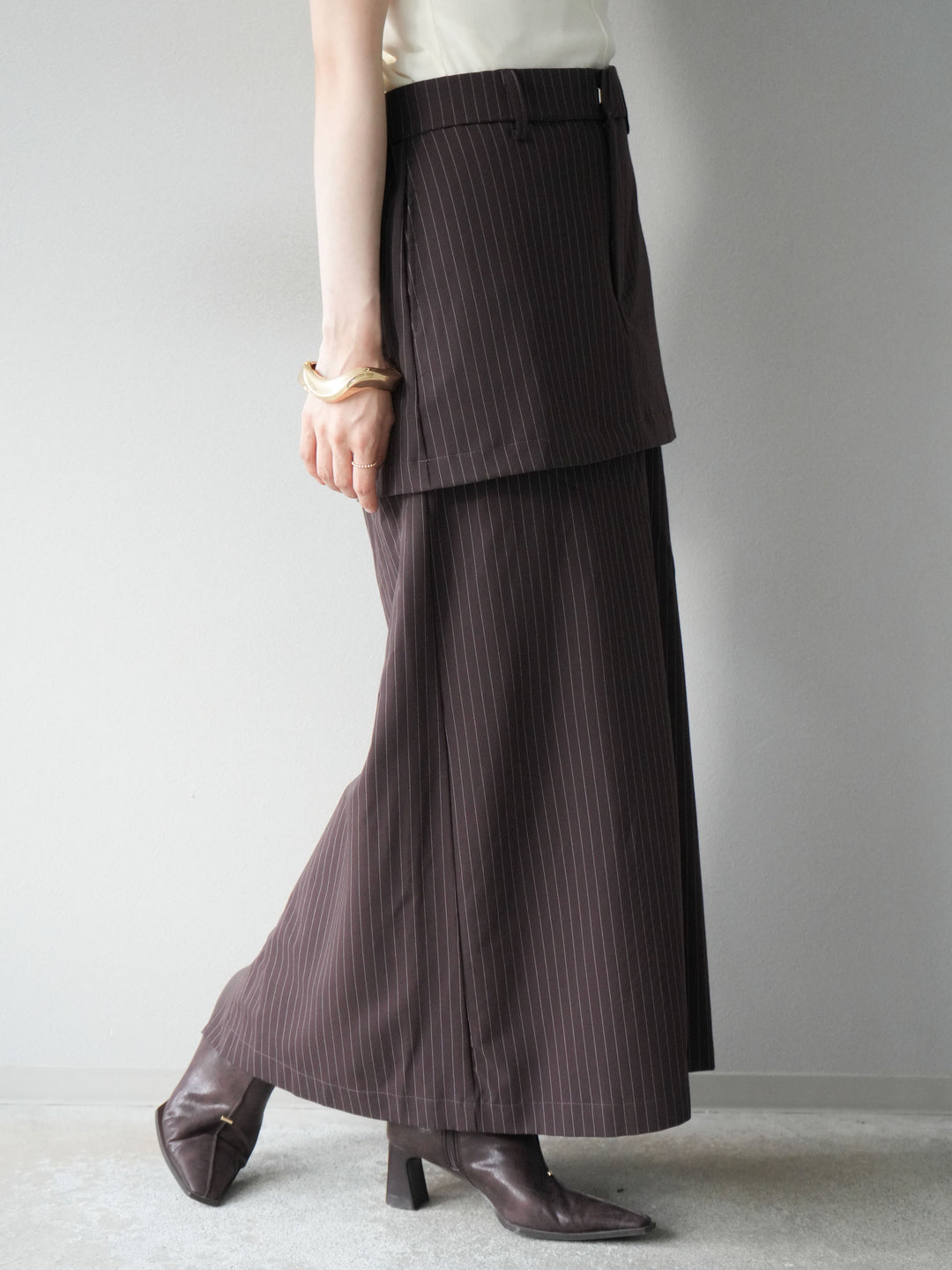 [予約]ストライプ切替チュールスカート/ブラウン