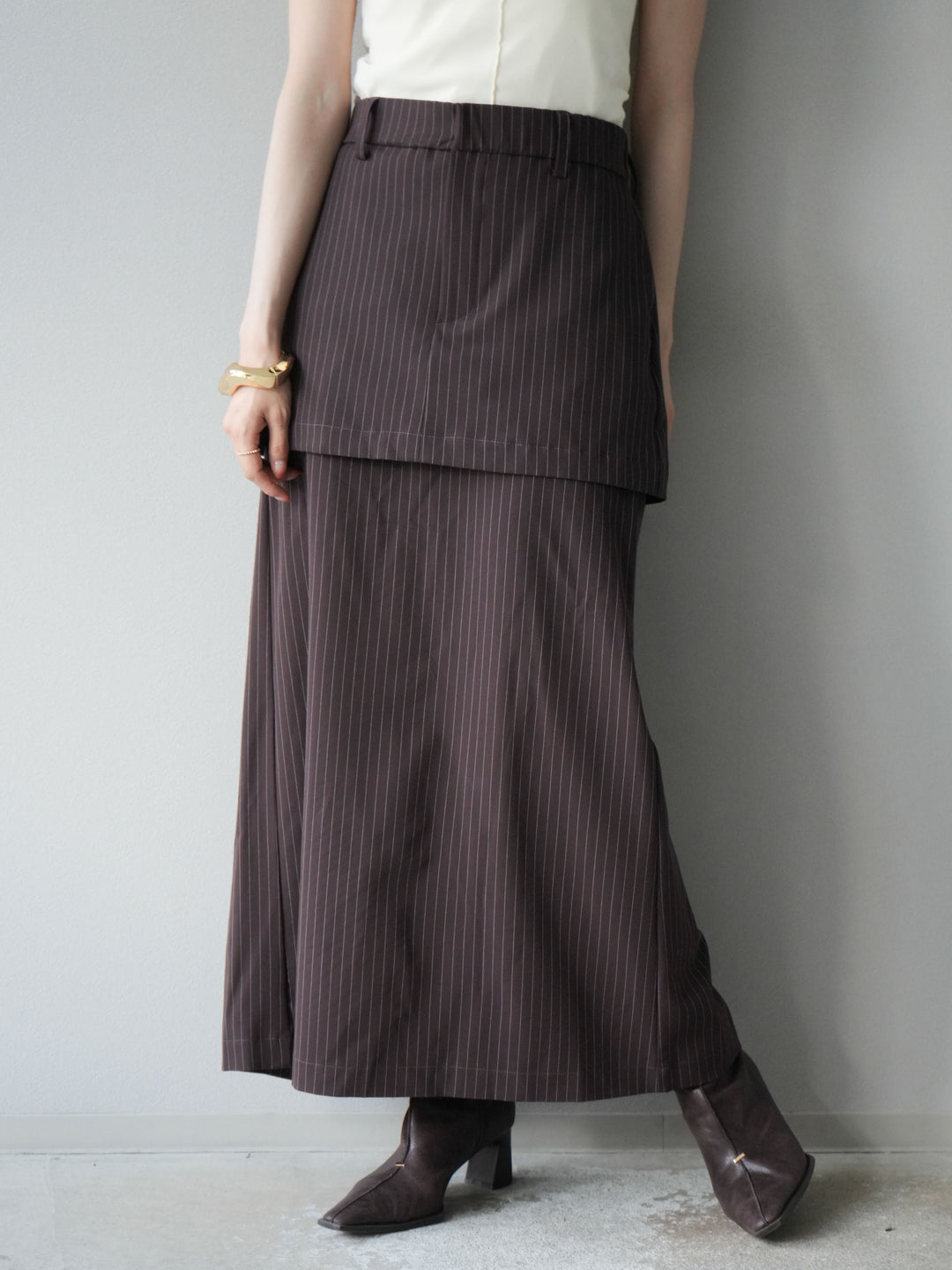 [予約]ストライプ切替チュールスカート/ブラウン