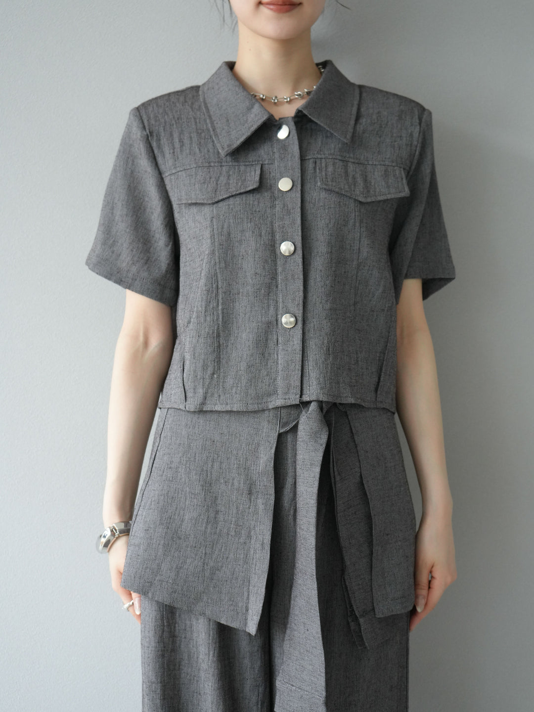 [SET]リネンタッチハーフシャツ＆ラップワイドパンツSET UP(2set)