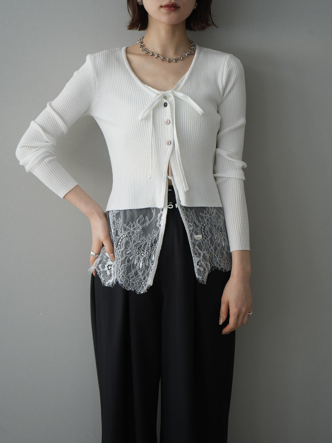[SET]フロントリボン裾レースリブニットトップス+選べるアクセセット(2set)