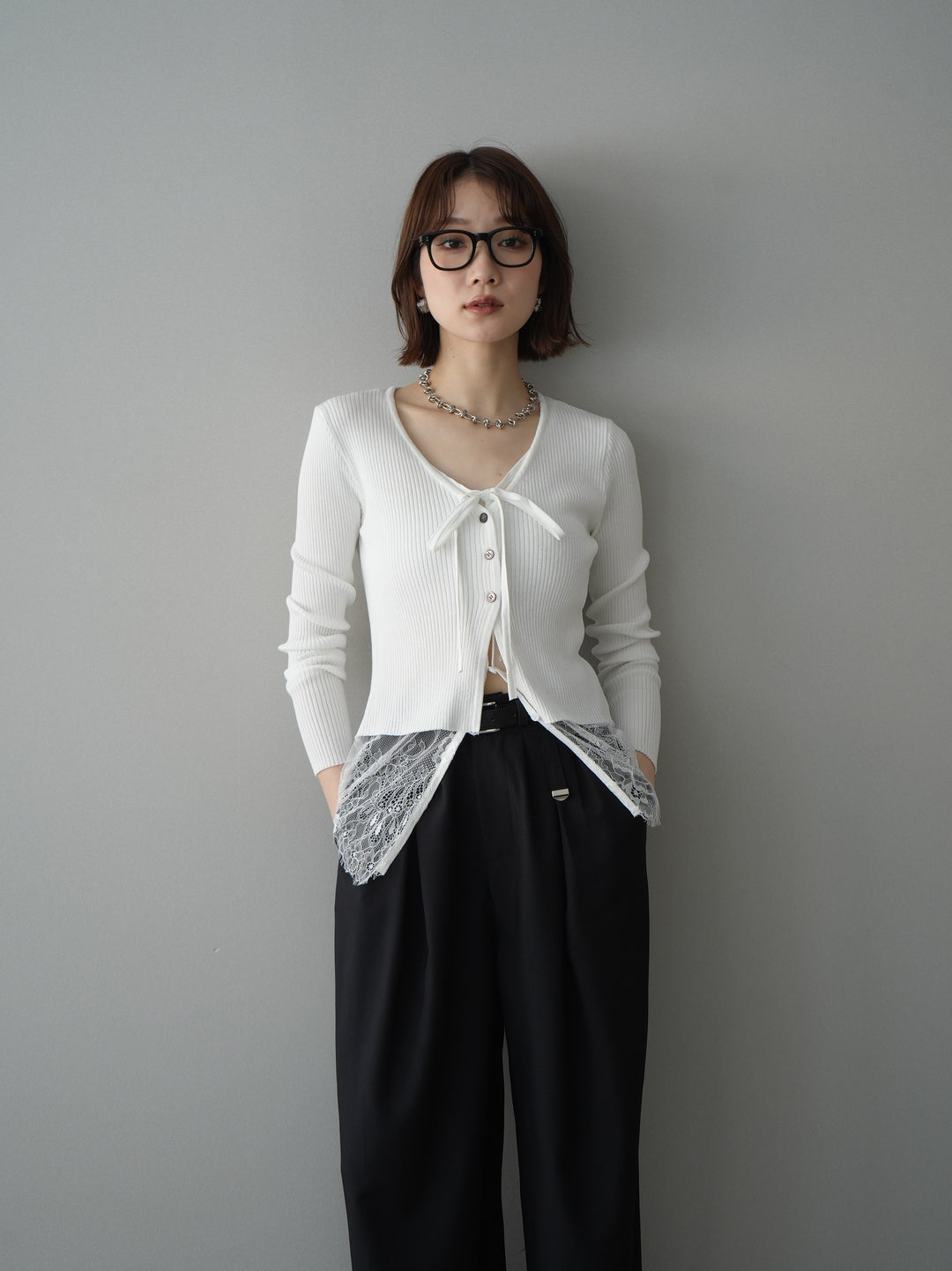 [SET]フロントリボン裾レースリブニットトップス+選べるアクセセット(2set)