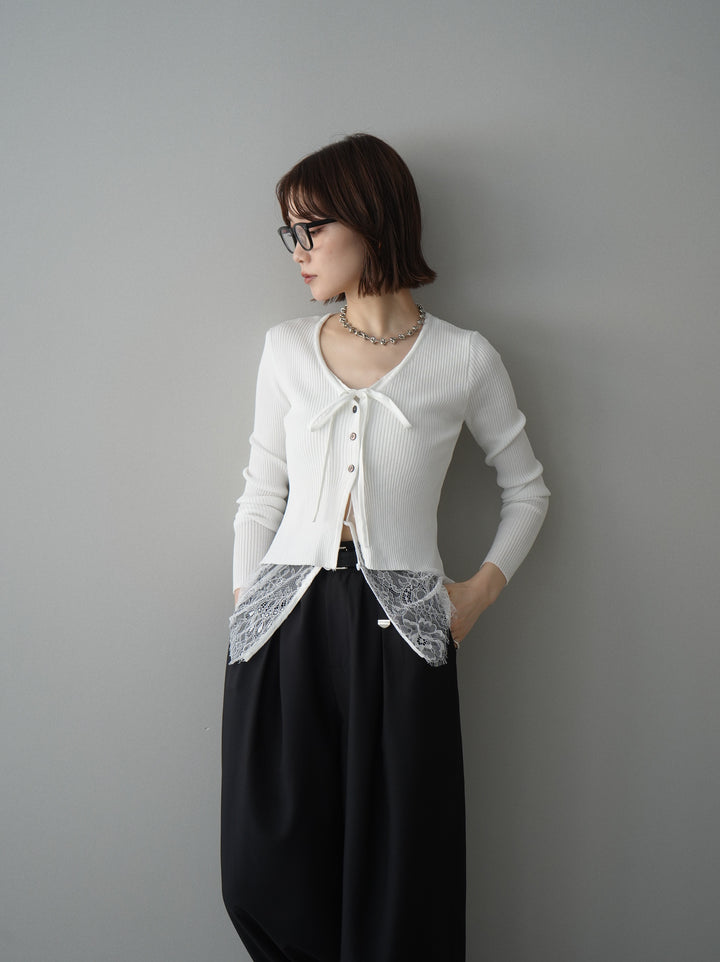 [SET]フロントリボン裾レースリブニットトップス+ベルト付キーホルダーモチーフワイドパンツ(2set)