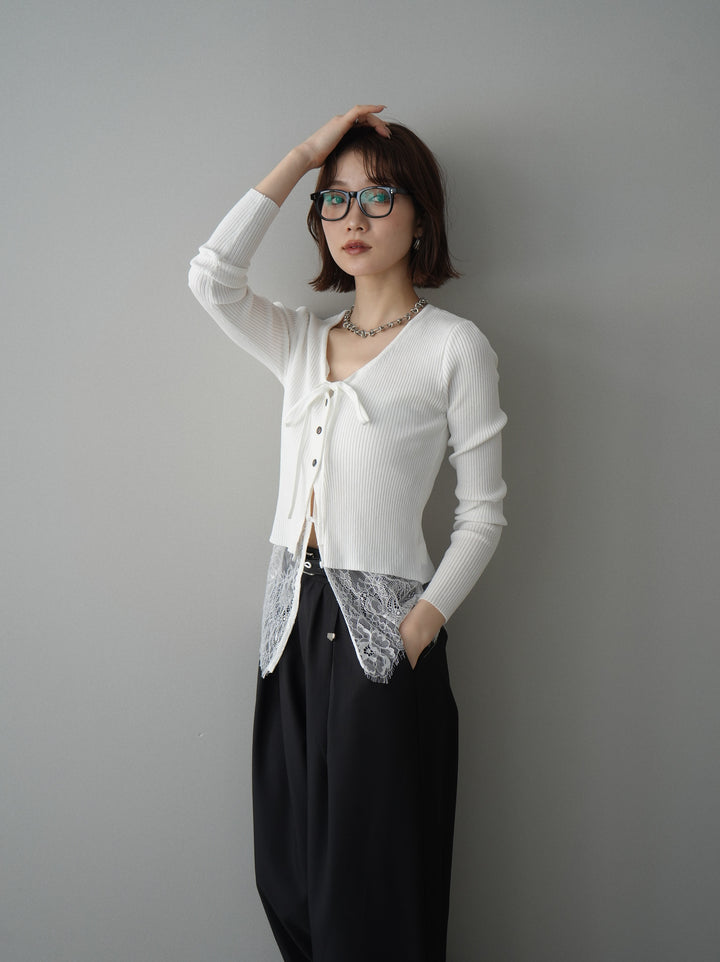 [予約]フロントリボン裾レースリブニットトップス/off