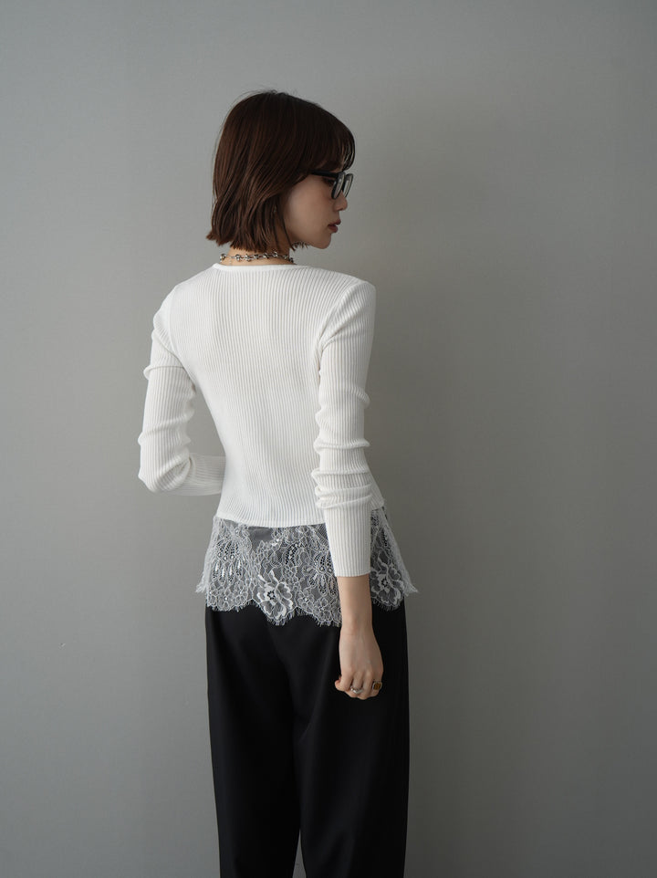 [SET]フロントリボン裾レースリブニットトップス+ベルト付キーホルダーモチーフワイドパンツ(2set)