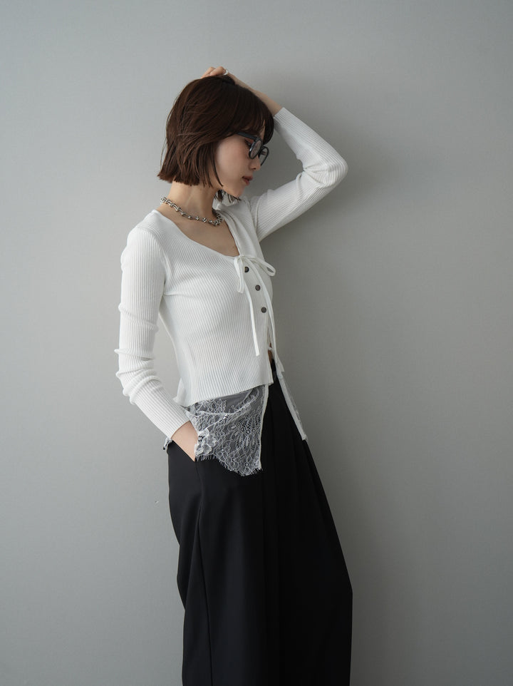 [予約]フロントリボン裾レースリブニットトップス/off