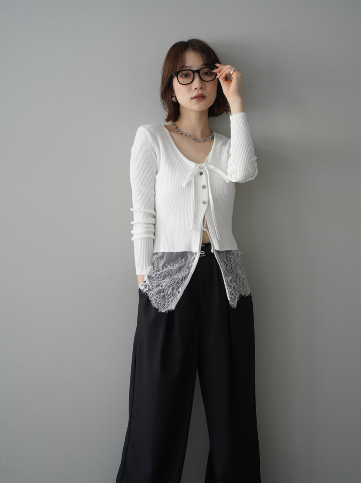 [予約]フロントリボン裾レースリブニットトップス/off