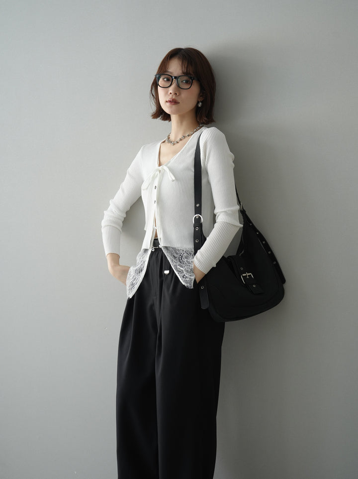 [予約]フロントリボン裾レースリブニットトップス/off