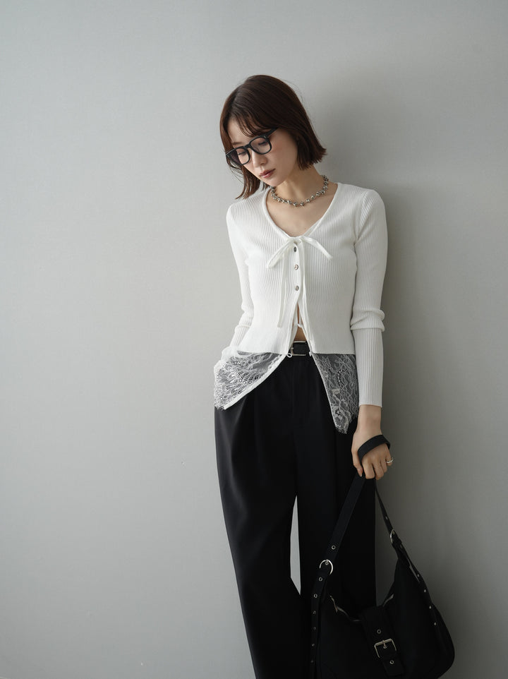 [予約]フロントリボン裾レースリブニットトップス/off
