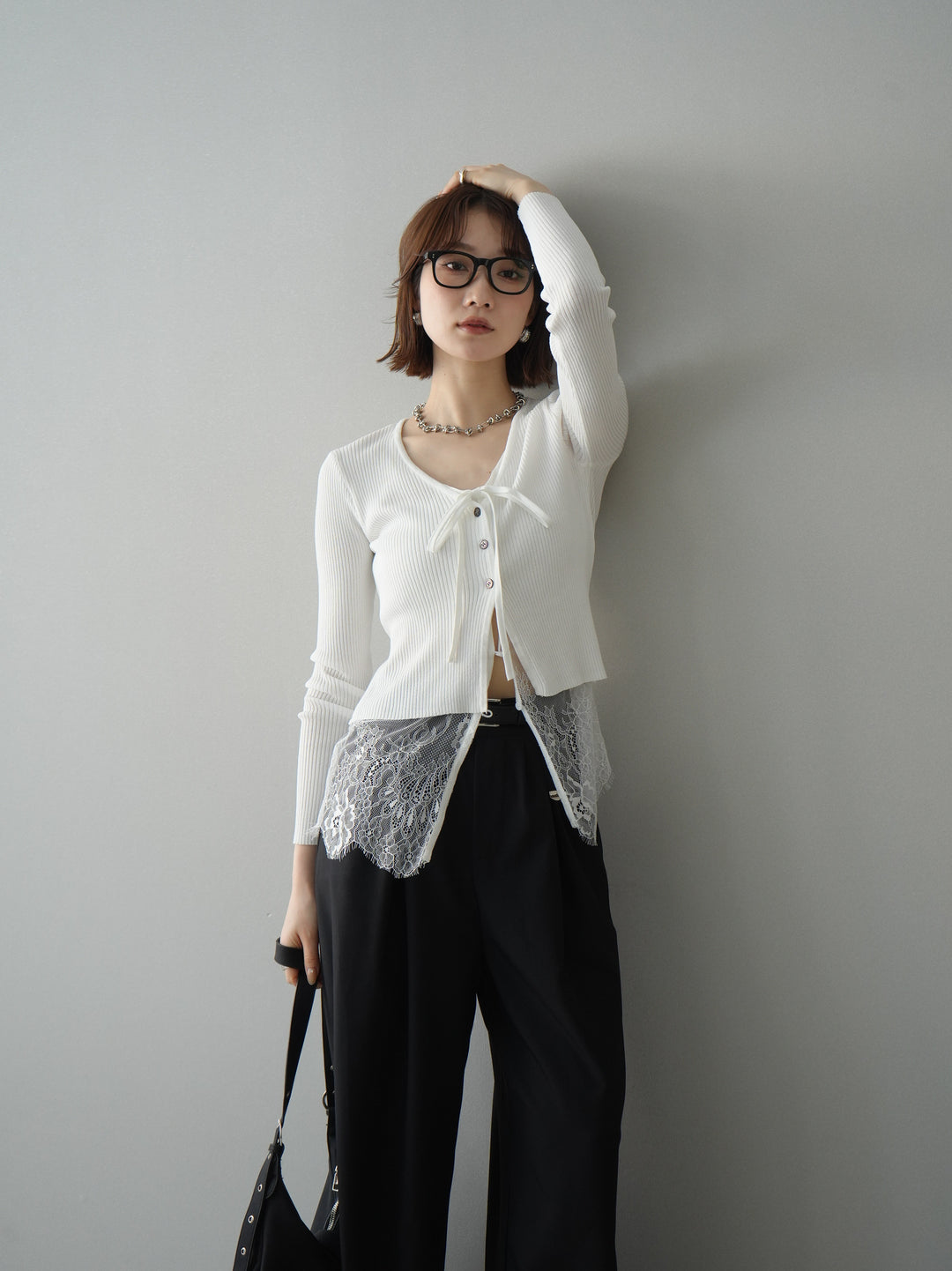 [SET]フロントリボン裾レースリブニットトップス+選べるアクセセット(2set)