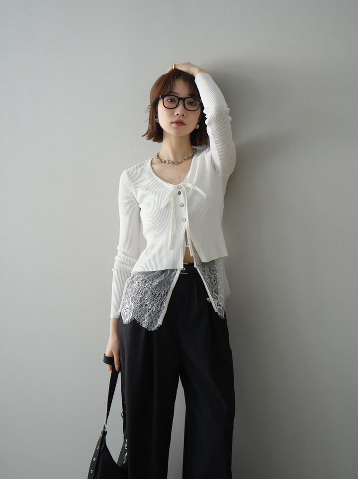 [SET]フロントリボン裾レースリブニットトップス+選べるアクセセット(2set)